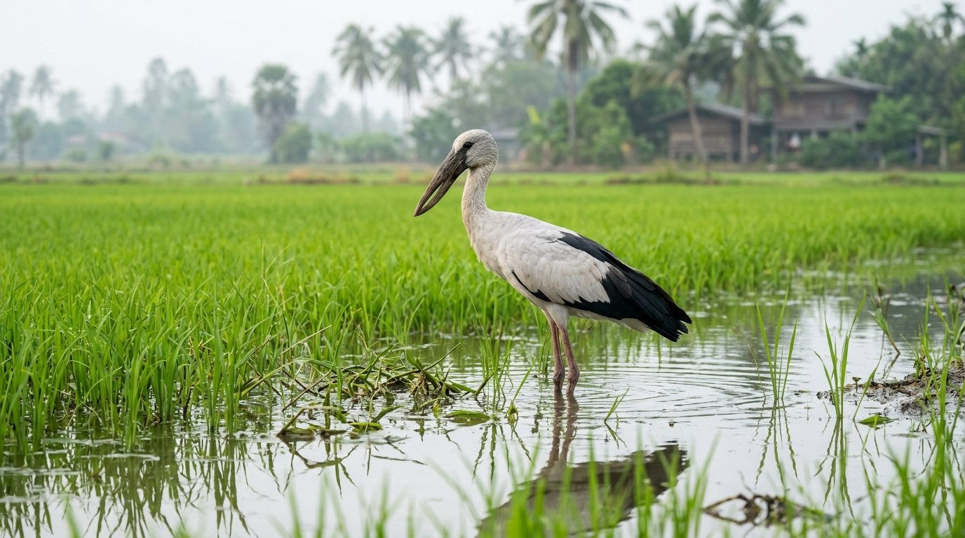 Asian Openbill stork standing in a flooded green rice field in rural Thailand