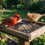 Best seeds for cardinals: male and female Northern Cardinals feeding on black oil sunflower and safflower seeds on a wooden tray feeder