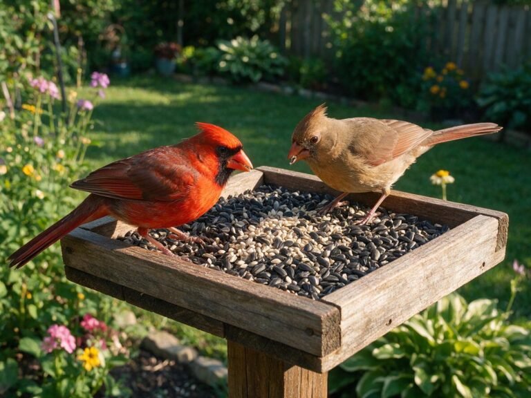 Best seeds for cardinals: male and female Northern Cardinals feeding on black oil sunflower and safflower seeds on a wooden tray feeder