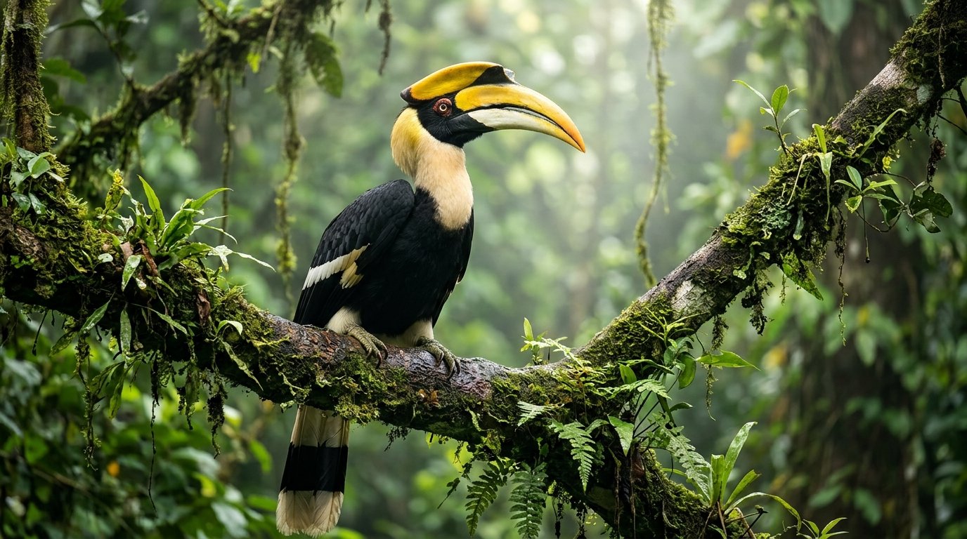 Birds in Southeast Asia: Great Hornbill with massive yellow casque perched on mossy rainforest branch