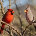 Birds that look like cardinals: side-by-side comparison of a red Northern Cardinal and a gray Pyrrhuloxia desert cardinal