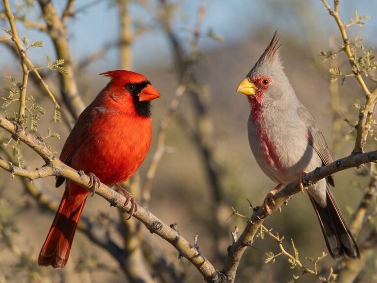 Birds that look like cardinals: side-by-side comparison of a red Northern Cardinal and a gray Pyrrhuloxia desert cardinal