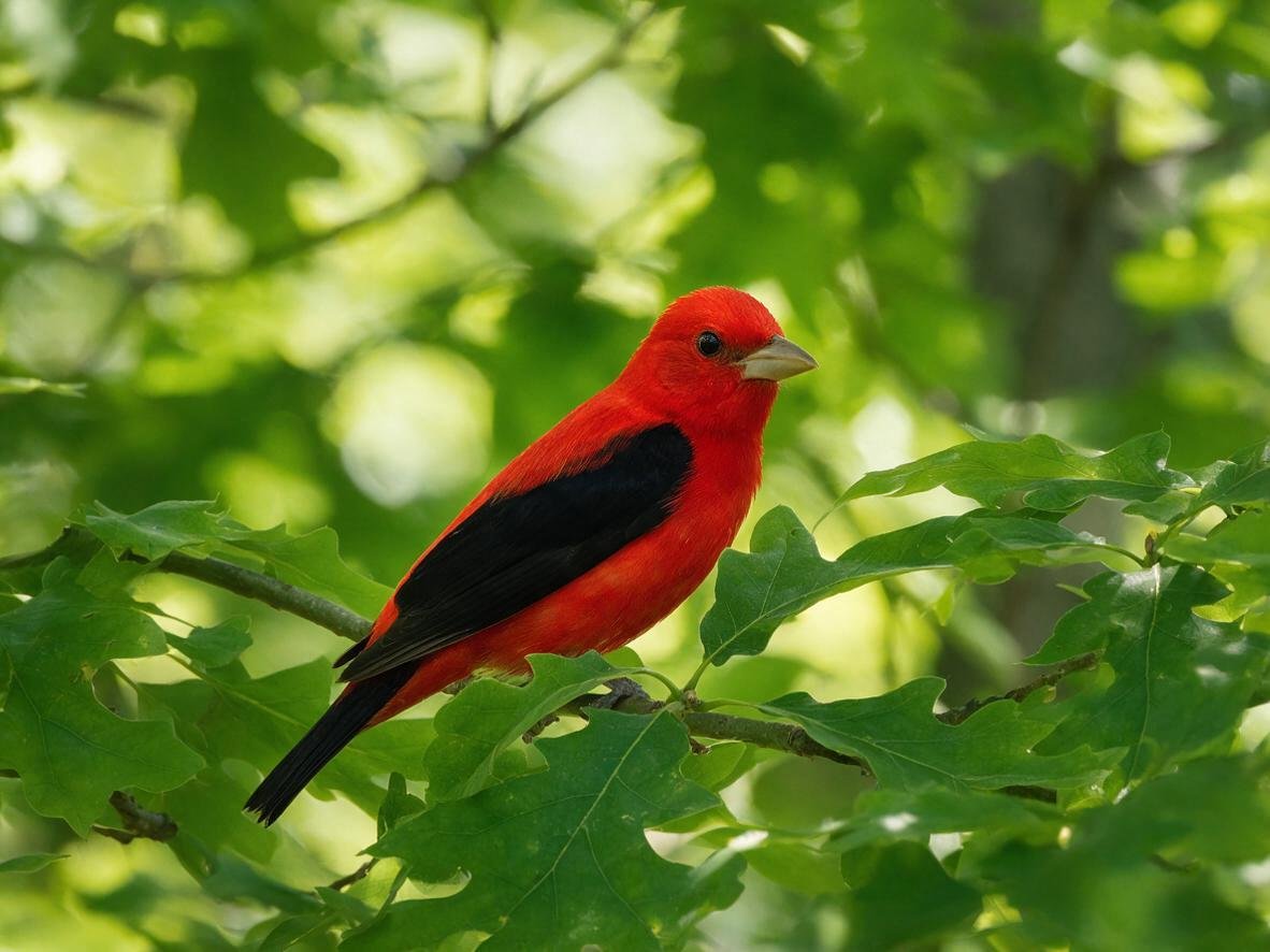 Birds that look like cardinals: male Scarlet Tanager with bright scarlet body and contrasting jet-black wings