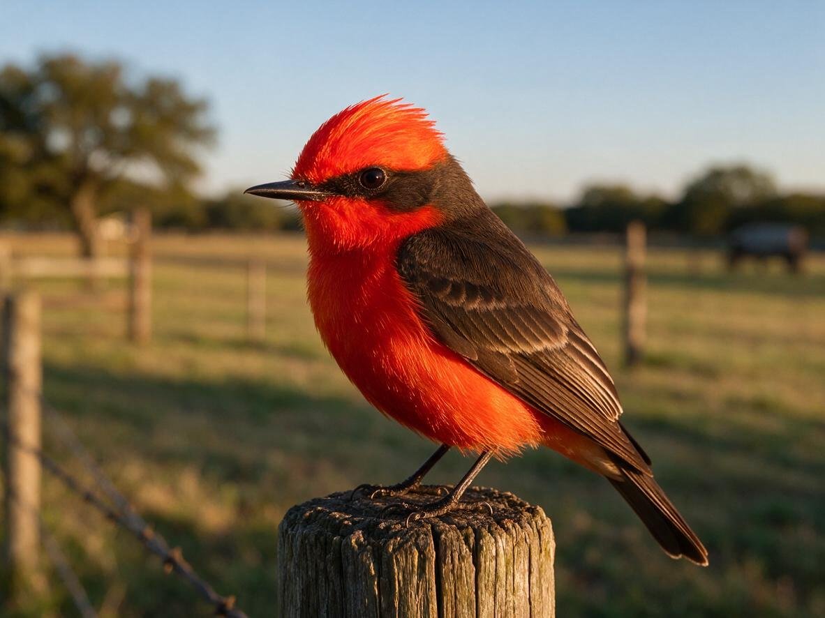 Birds that look like cardinals: male Vermilion Flycatcher with glowing red crown and chest on fence post