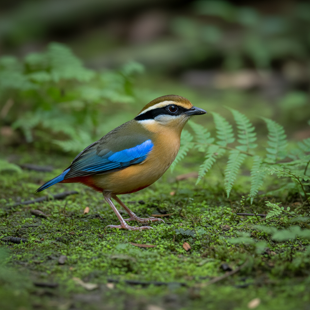 Blue-winged Pitta foraging on a mossy tropical forest floor in Southeast Asia