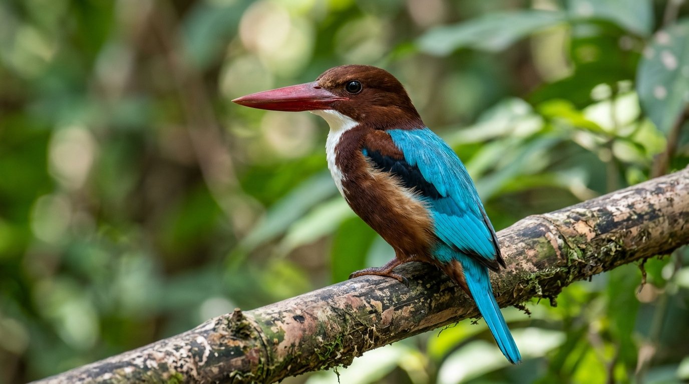 Common birds in Thailand: White-throated Kingfisher with turquoise wings and red bill perched on bamboo