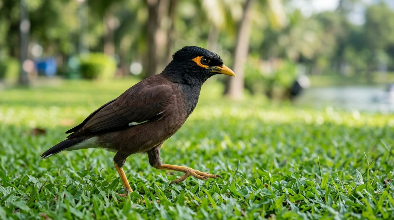 Common Myna foraging on grass with distinctive yellow eye patch and beak in Bangkok park