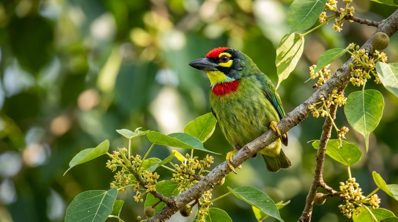 Coppersmith Barbet with bright red forehead and yellow throat perched on a flowering fig tree branch in Thailand
