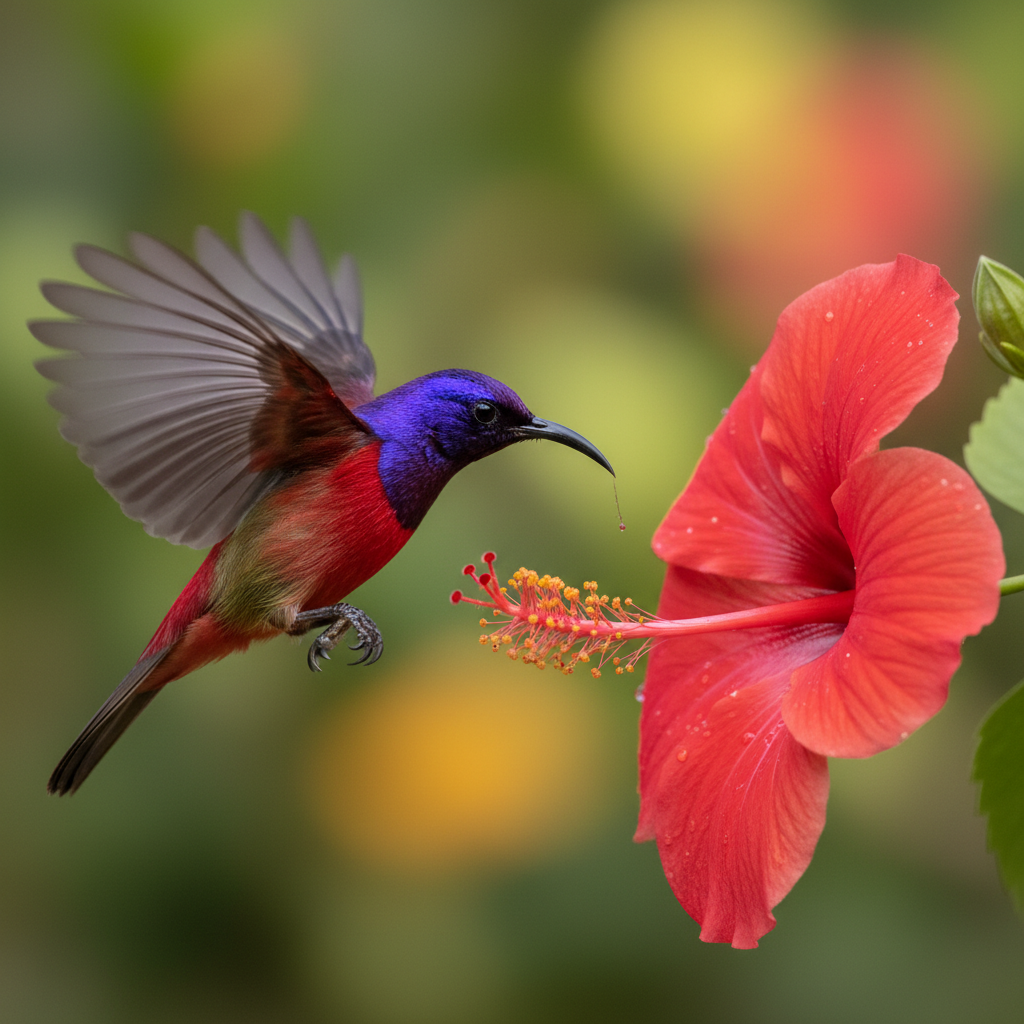 Crimson Sunbird with brilliant scarlet plumage sipping nectar from a red flower in Southeast Asia