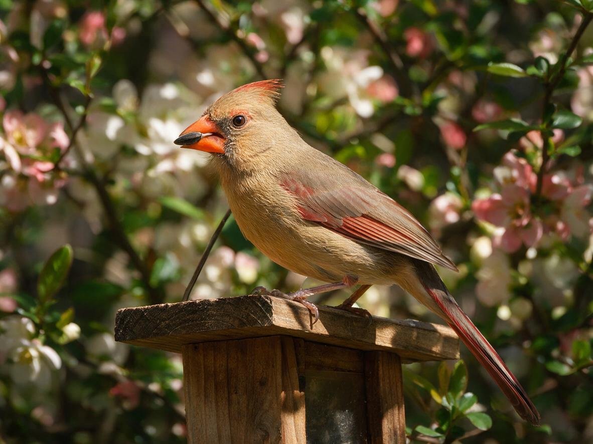 Female cardinal picture: close-up of female cardinal feeding on sunflower seeds at a wooden backyard feeder