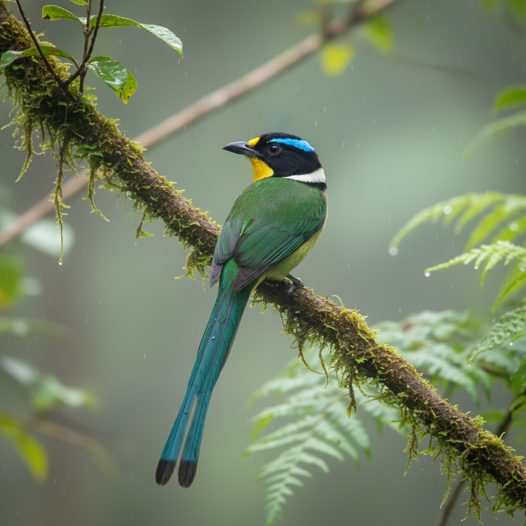 Long-tailed Broadbill with black helmet and blue crown perched on jungle vine in Southeast Asia