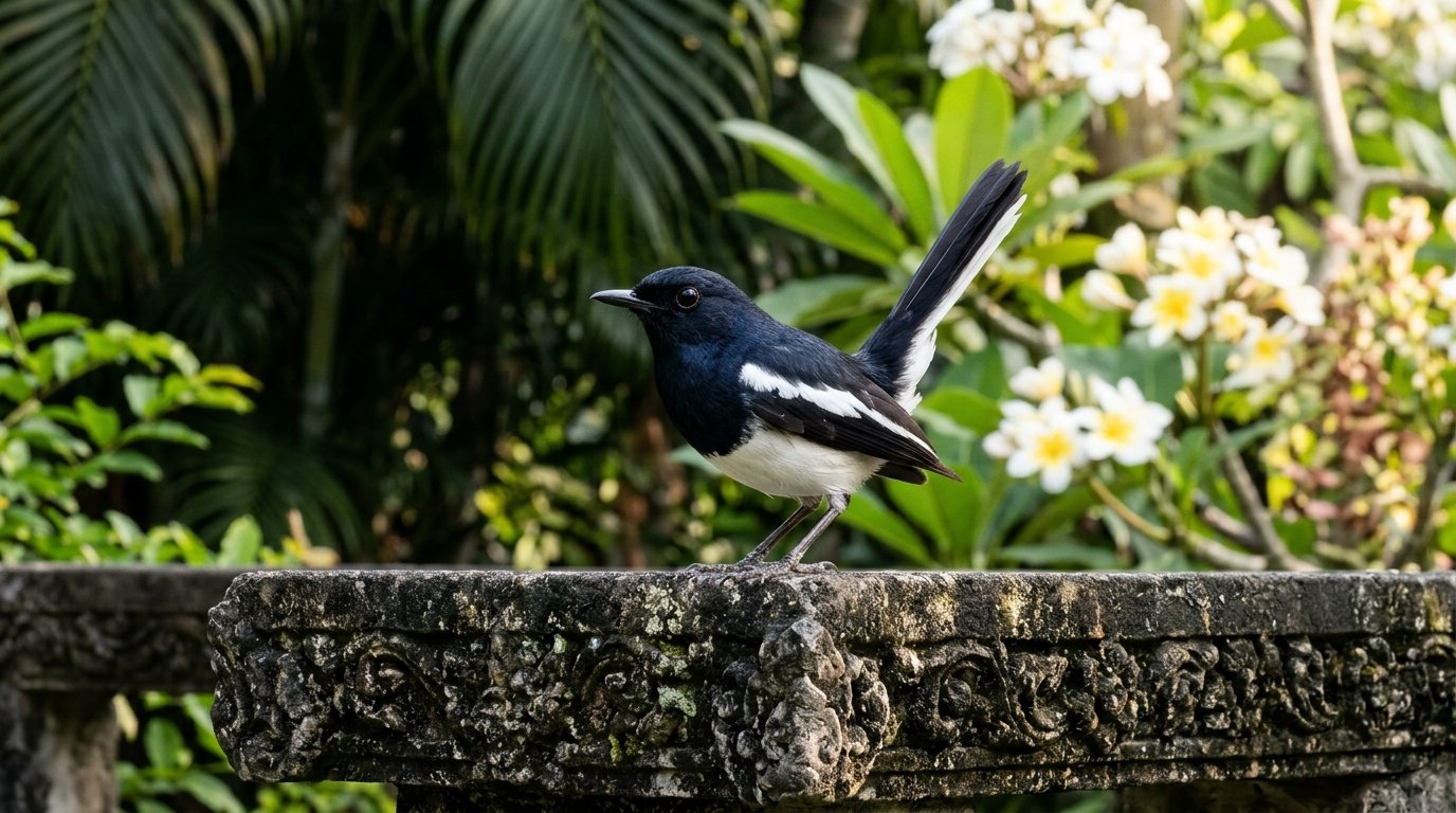 Oriental Magpie-Robin perched on stone balustrade in a tropical Thailand garden