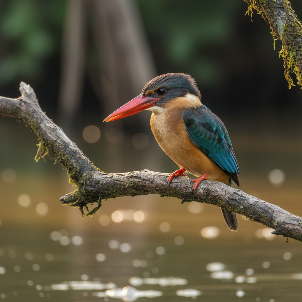 Stork-billed Kingfisher with massive coral-red bill perched over a tropical river in Southeast Asia